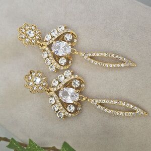Long Statement Earrings Gold with Clear Crystal Chandalier